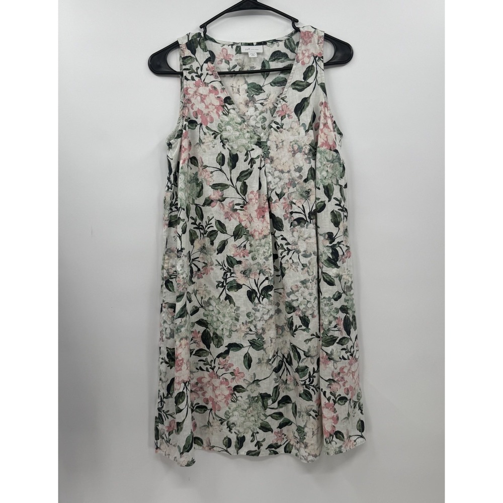 J Jill Love Linen Dress‎ V Neck Sleeveless Floral Pockets Size XS Petite